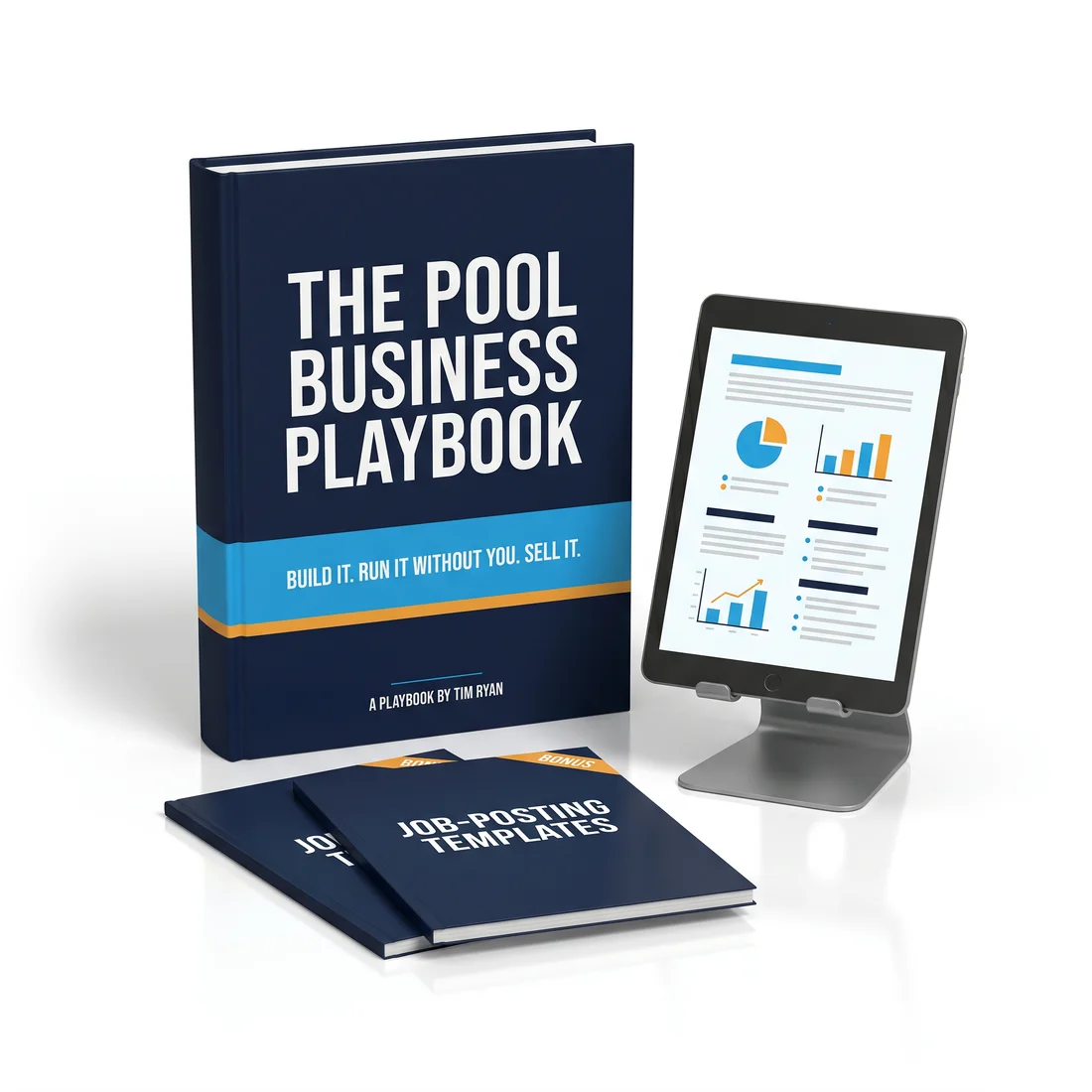 The Pool Business Playbook with two bonus job-posting template guides and a tablet preview